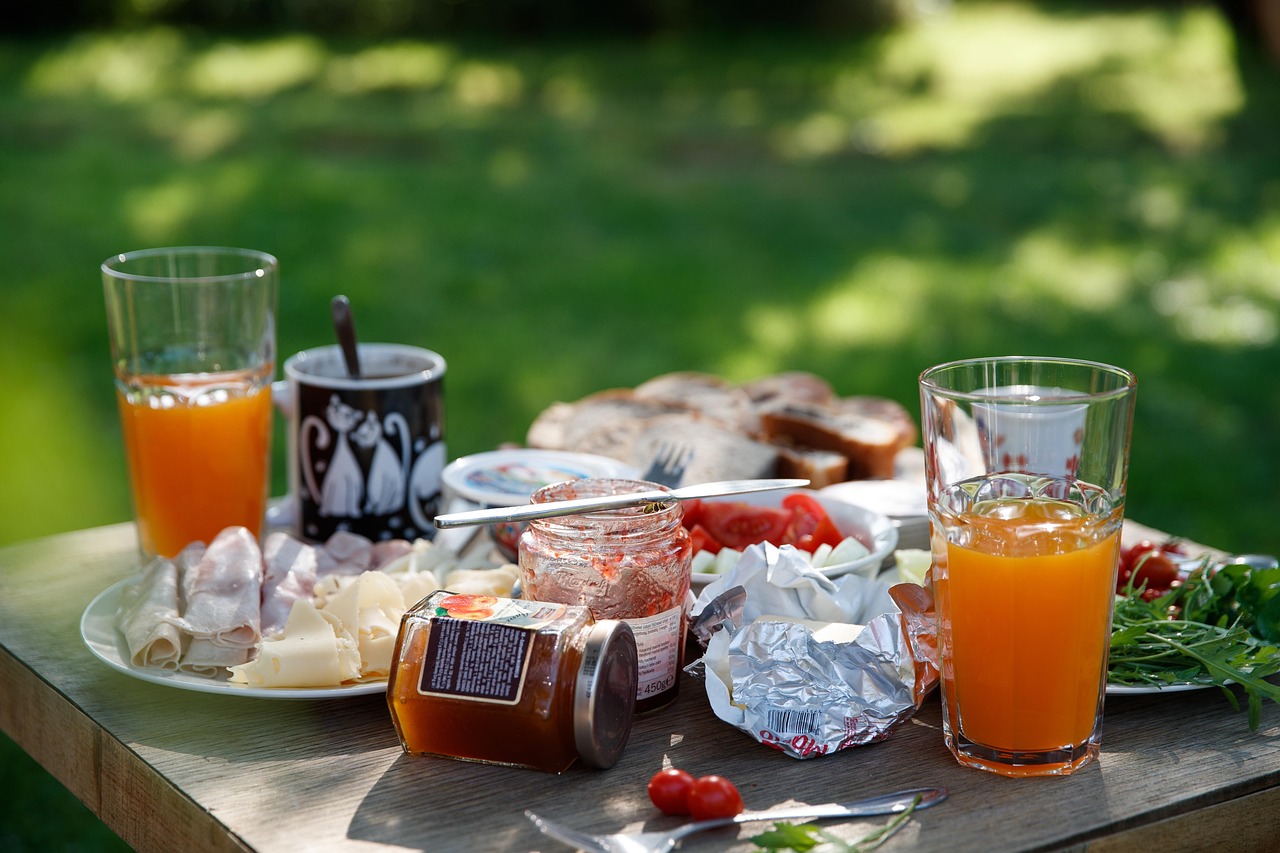 Area picnic nel giardino con coperta, cibo e amici che si divertono insieme.