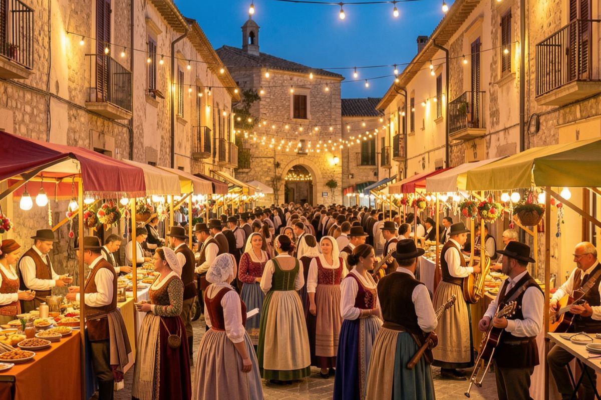 Un piatto tipico di una sagra italiana con cibo tradizionale e decorazioni locali.